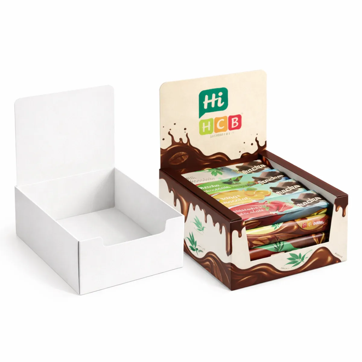 A bulk collection of wholesale CBD chocolate boxes showcasing various vibrant colours and custom printed logos- class=